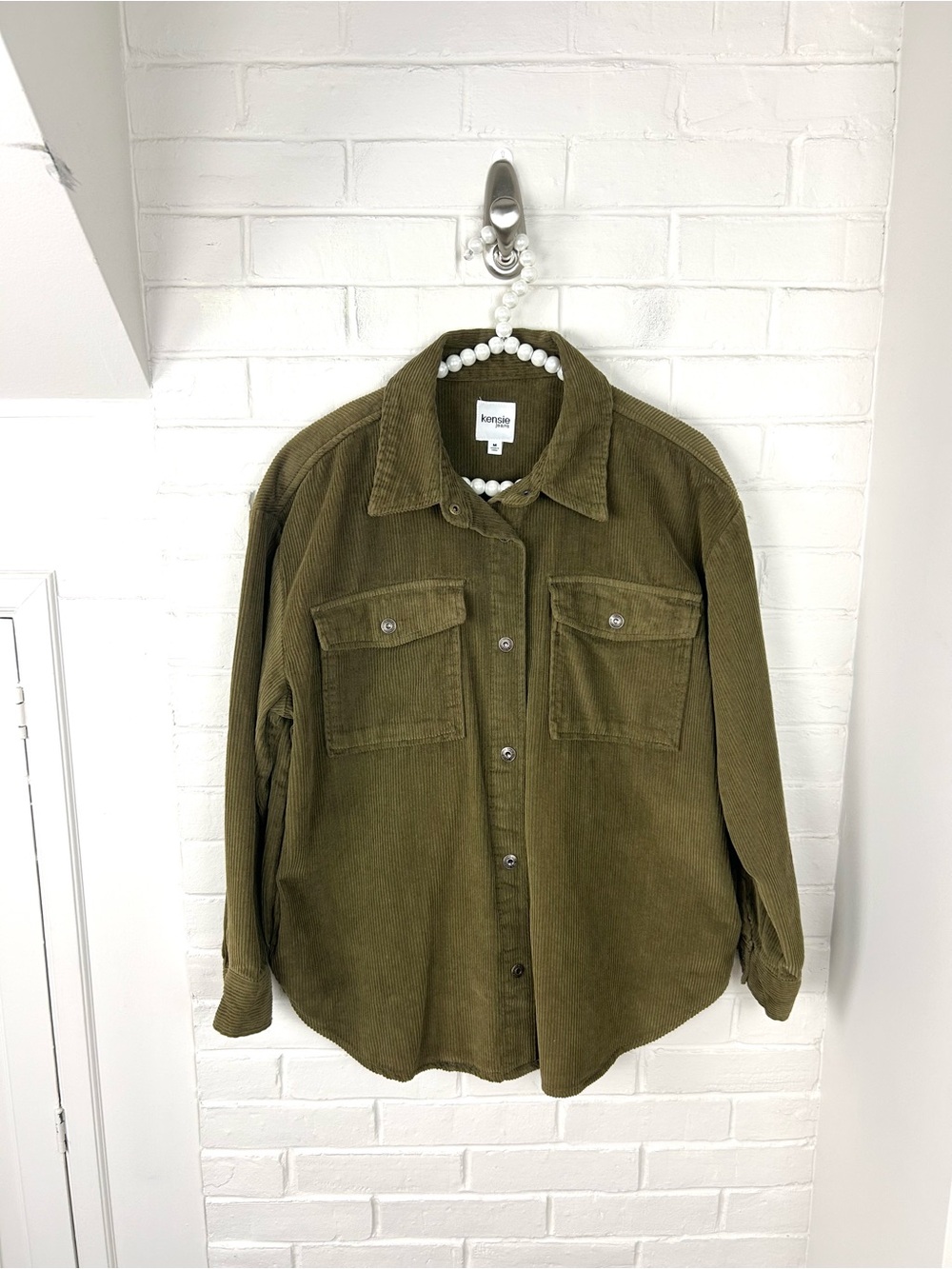 Kensie Green Ribbed Corduroy Button Down Shirt Shacket Size M